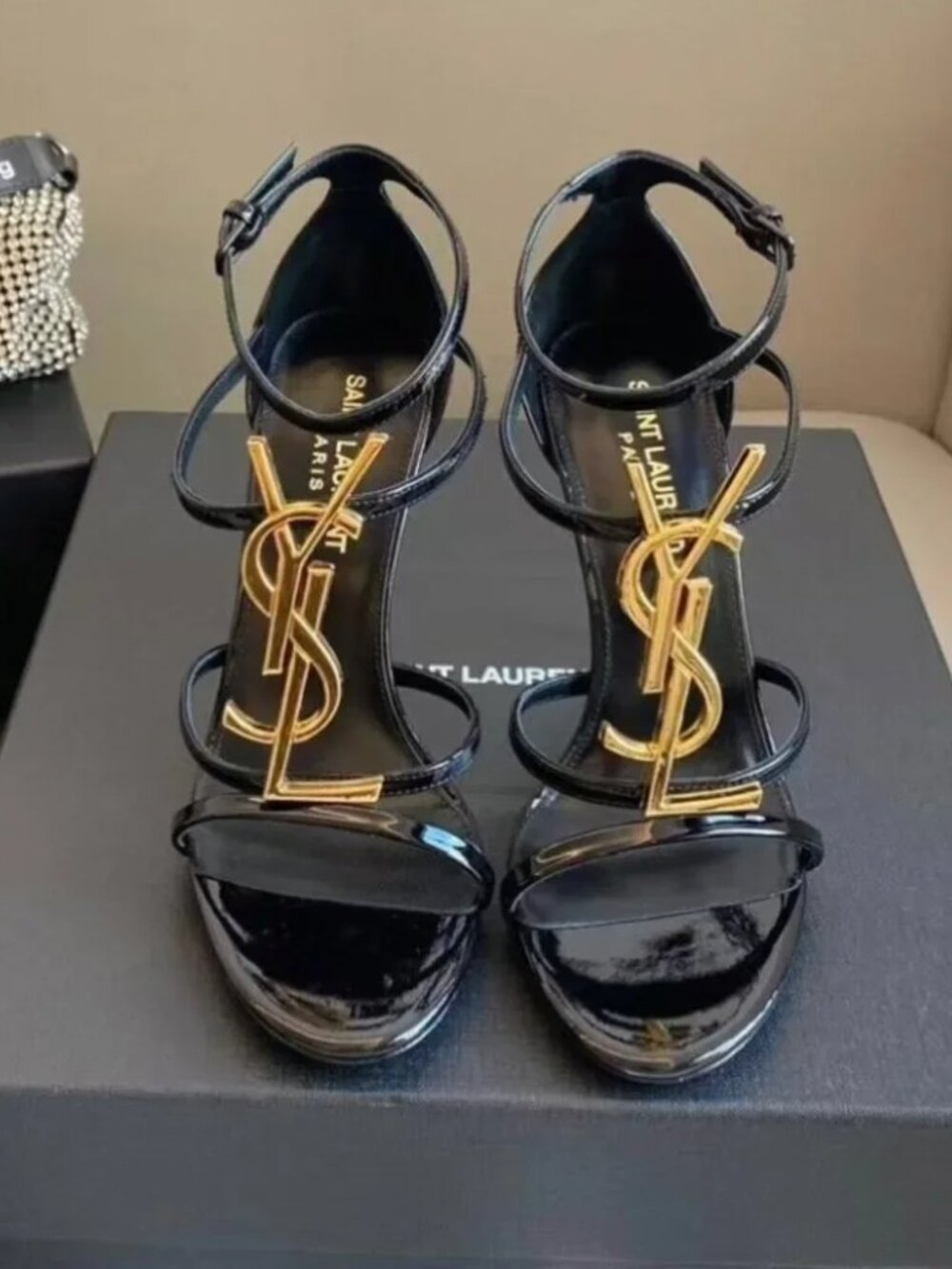YSL Saint Laurent Black Patent Gold Logo Ankle‑Strap High Heel Sandals